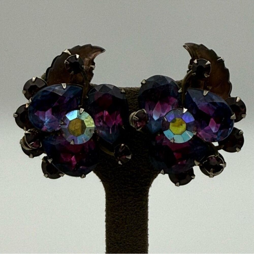 Vintage Judy Lee Purple rhinestone glass. and Gold Floral Earrings